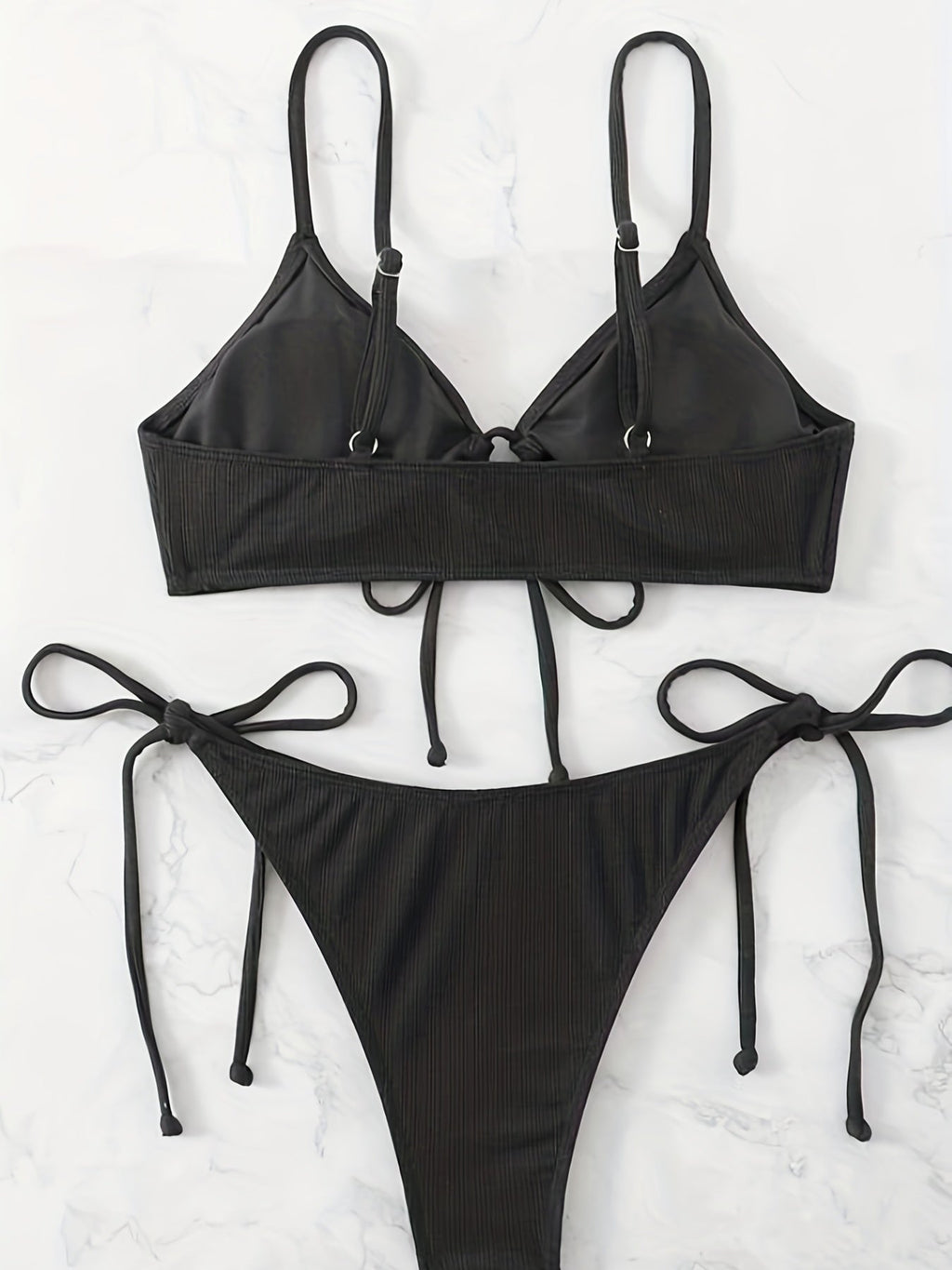Bikini Solid Rib Knit 2 Piece Swimsuit – Ring Link Tie Front Triangle Bikini Set for Women – Hollow Out High Stretch V-Neck Top with Tie Side Bottoms – Trendy Beach & Pool Swimwear for Summer