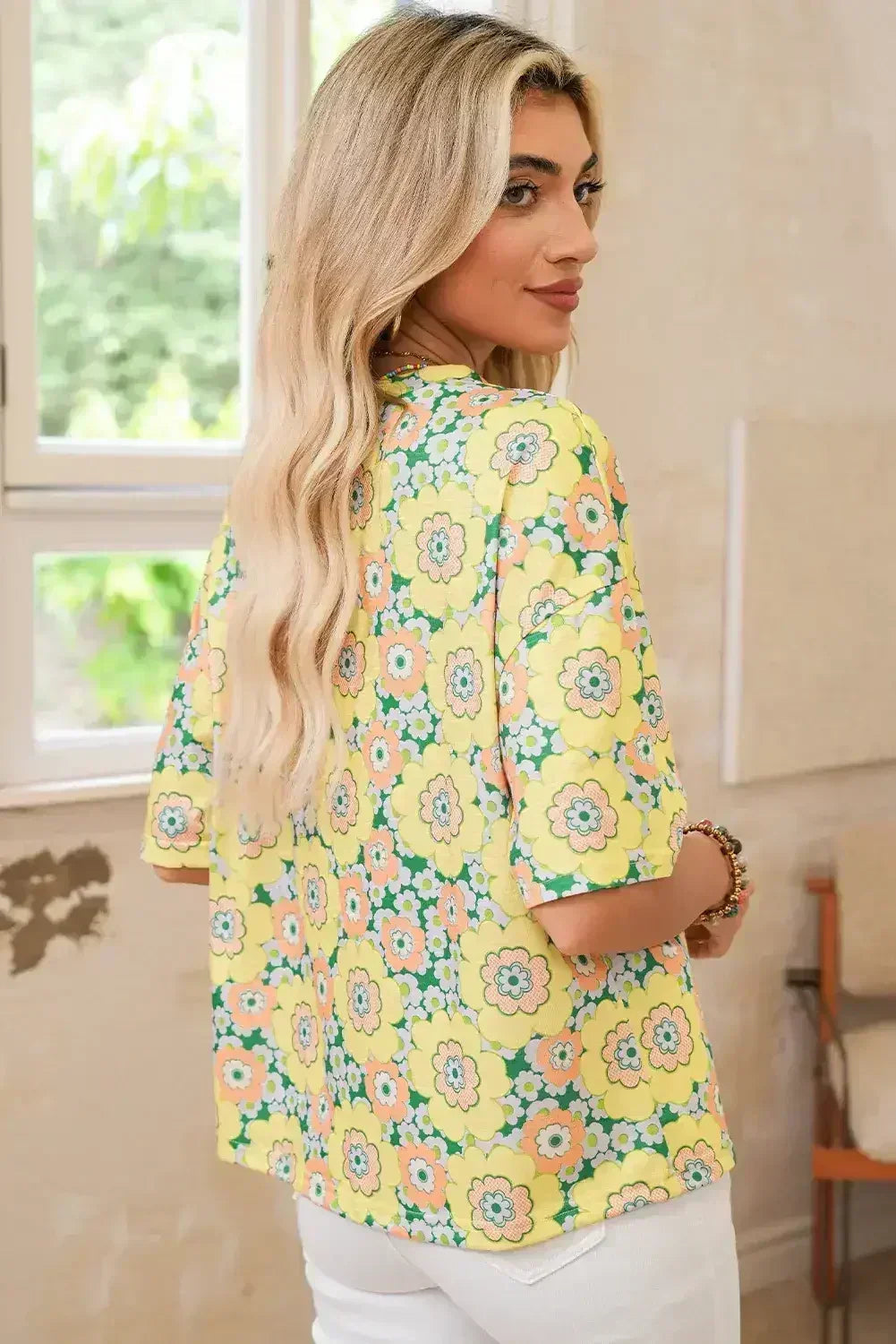 Yellow Summer Flower Print Drop Shoulder Loose T Shirt