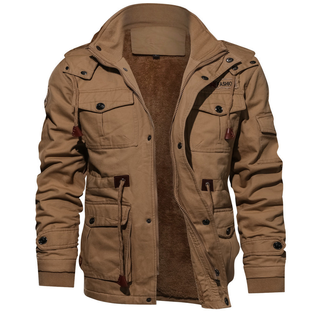 Winter Zip-up Coat Warm Thickened Detachable Hooded Jacket Multi-pocket  Button Drawstring Long Sleeve Tops Men's Cargo Clothing
