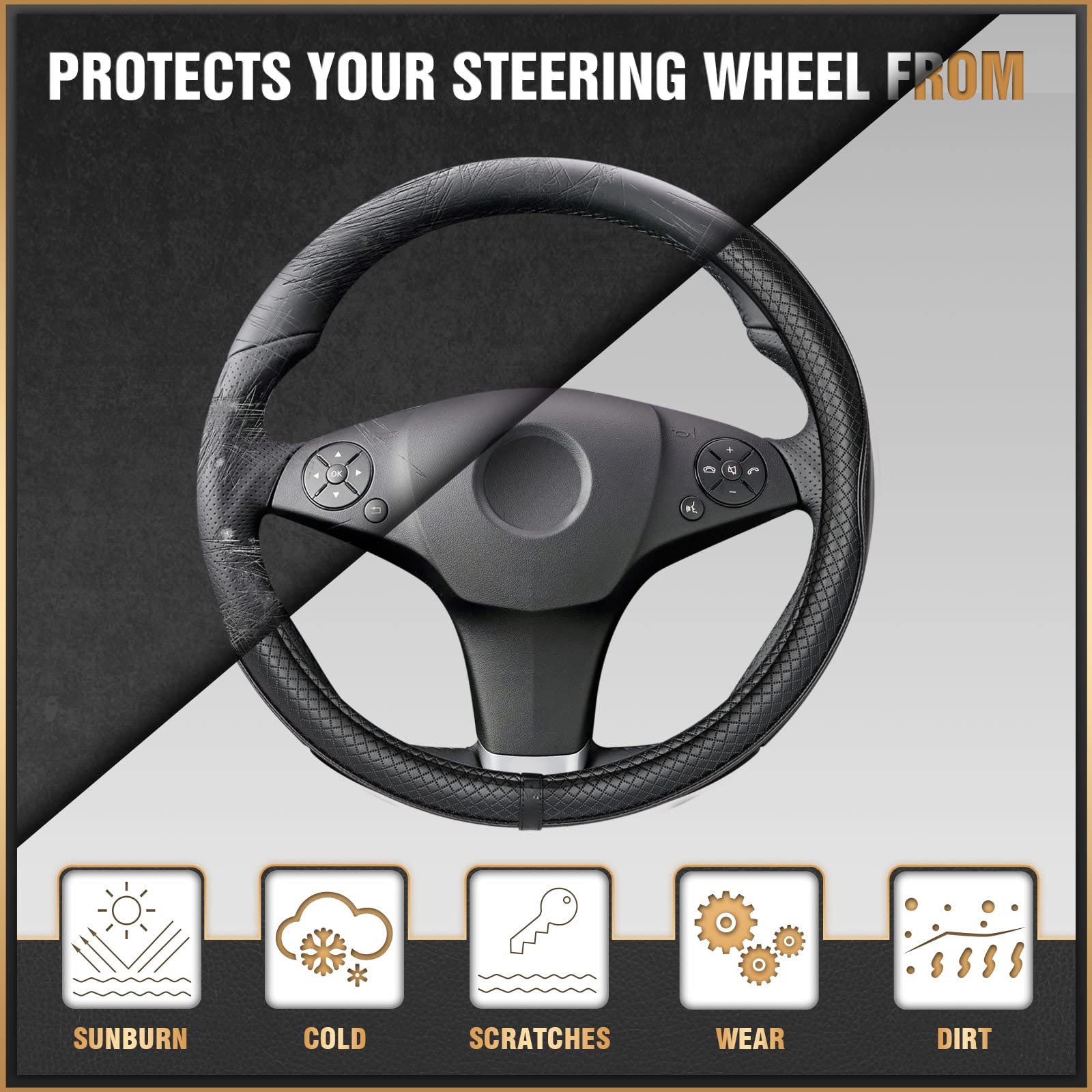 Universal Fit Steering Wheel Cover Protector, Synthetic Leather, 15in, Black/Red