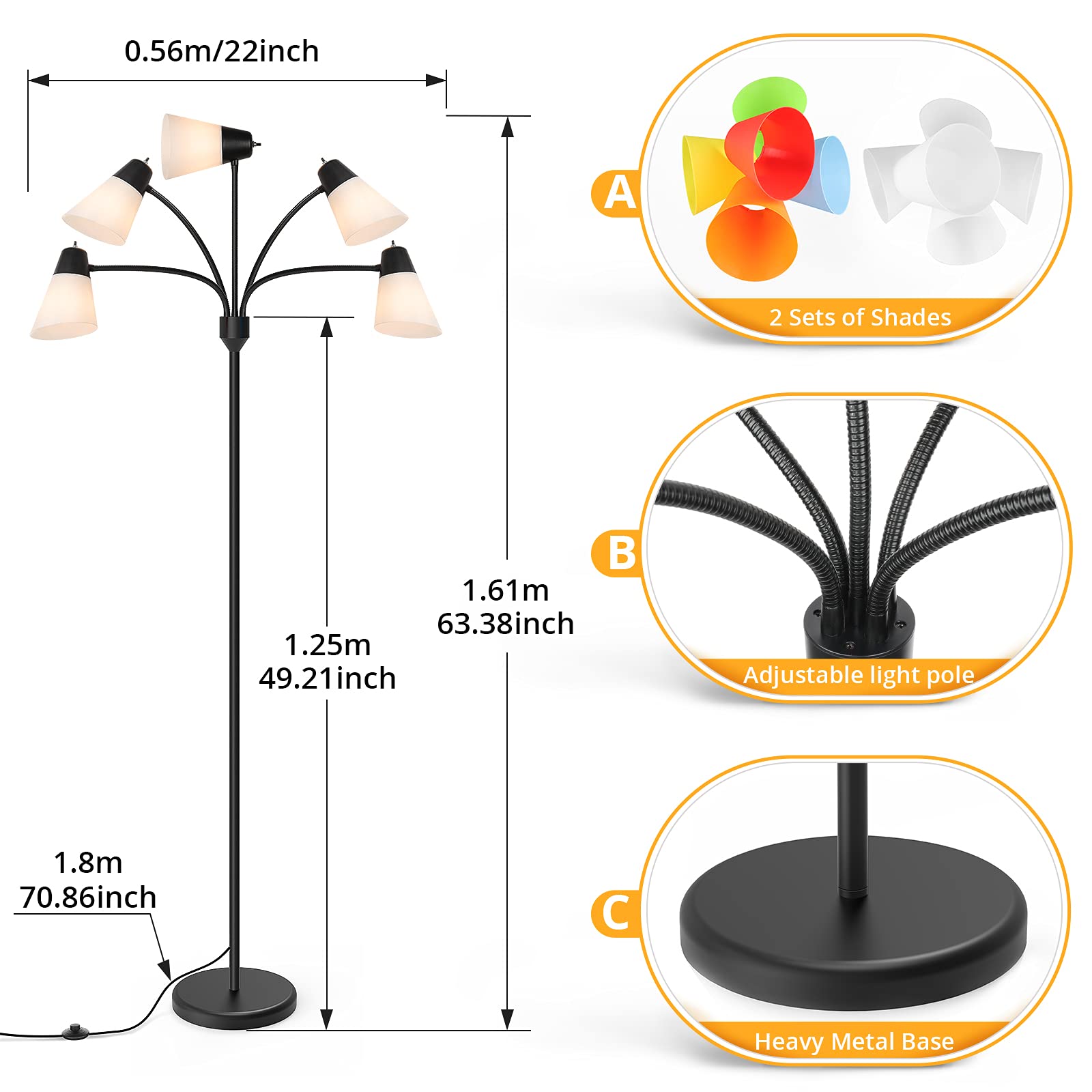 FOLKSMATE LED Floor Lamp, Medusa Multi Head Modern Tall, Rustic Black