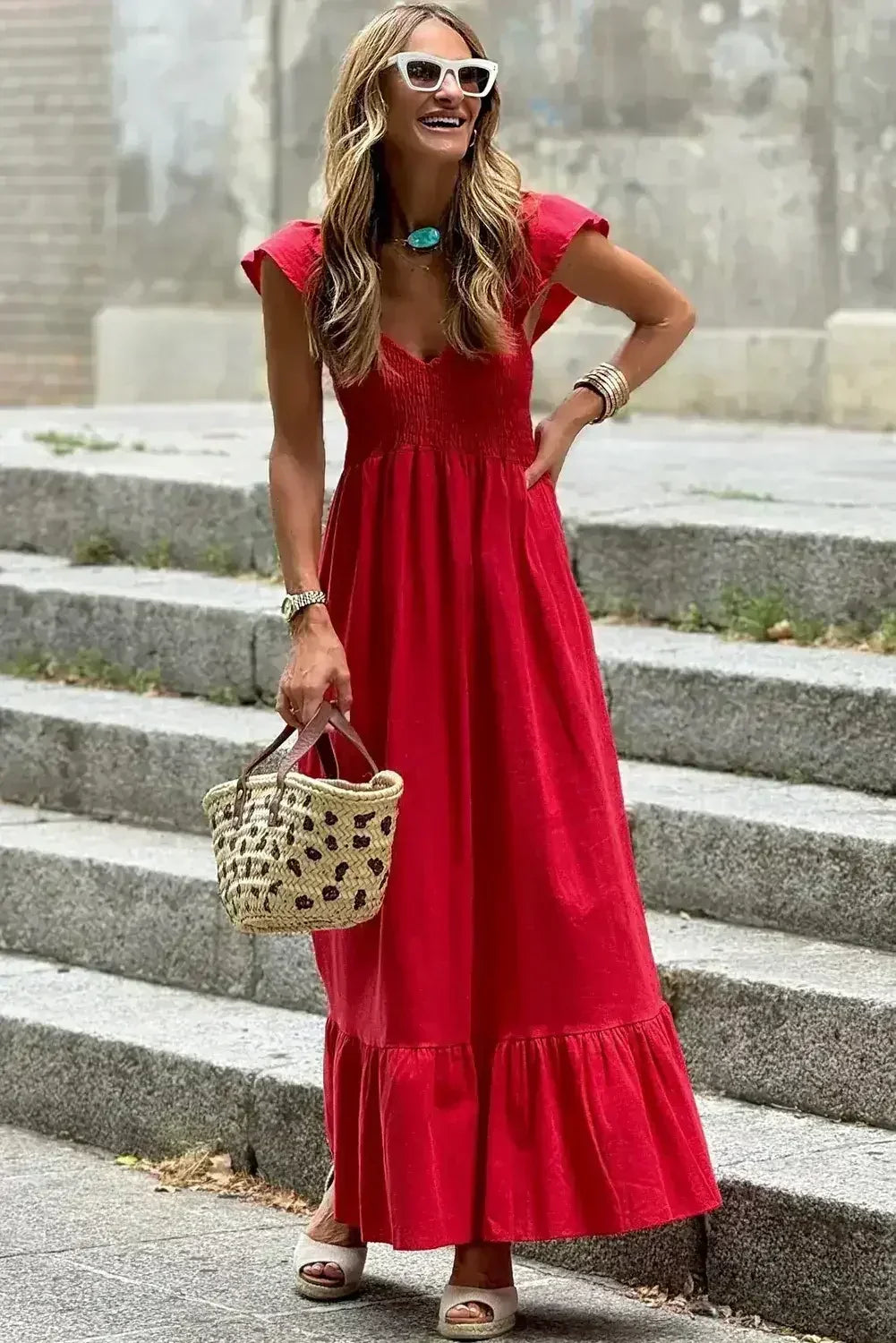 Black V Neck Flutter Sleeve Smocked Bodice High Waist Ruffle Maxi Dress