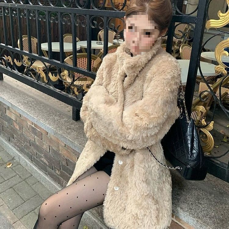 Women's Mid-length Stand Collar Loose Thick Fleece Coat