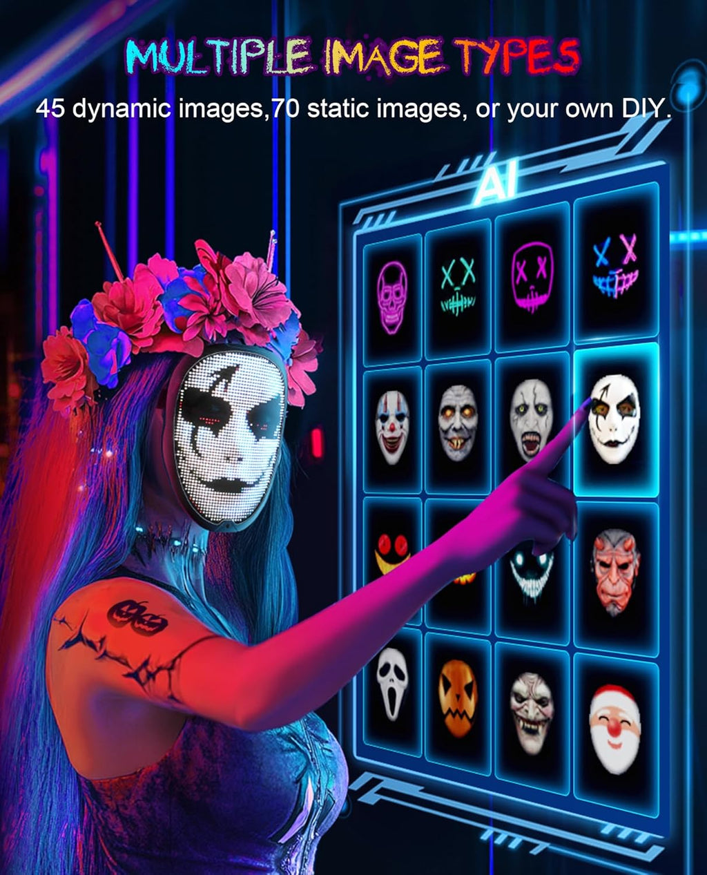 Halloween LED Mask with Programmable App & Gesture Sensing, DIY Unisex LED Lighted Face Transforming Mask, Perfect Gift for Halloween Costume Cosplay,Masquerade