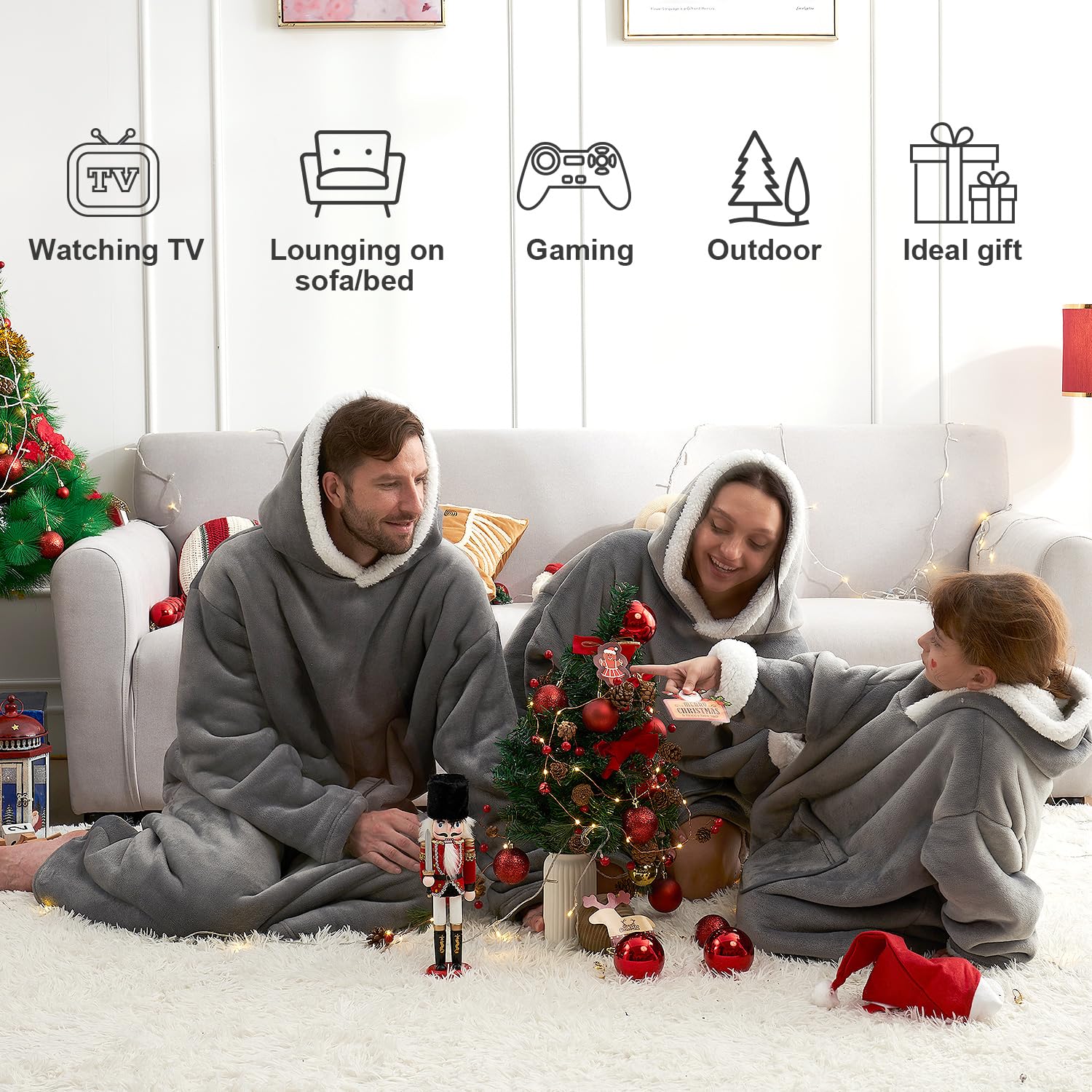 Hansleep Hoodie Blanket with Pocket for Adults - Grey Long 32" x 58"