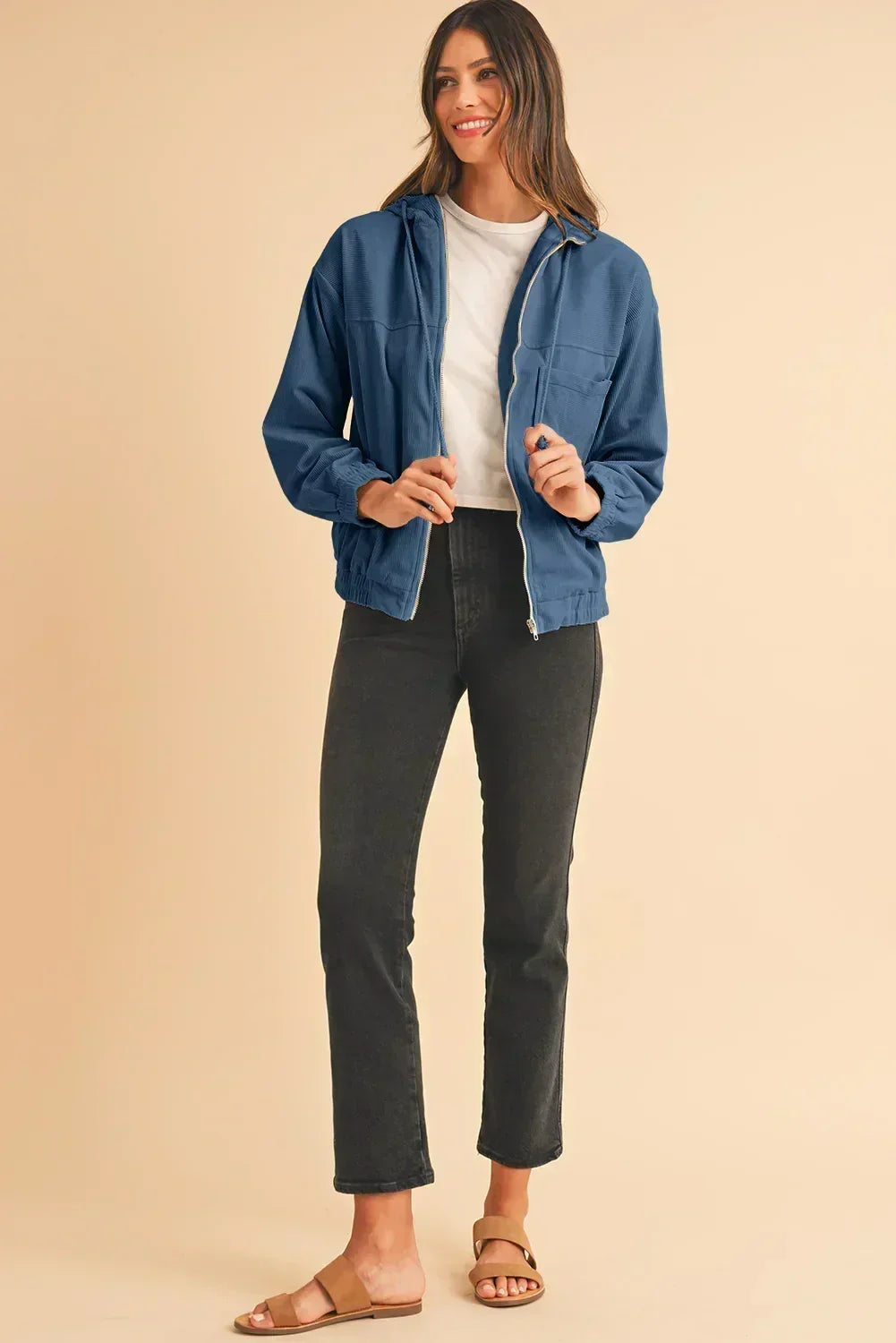Real Teal Corduroy Zip-Up Hooded Jacket – Femstylo