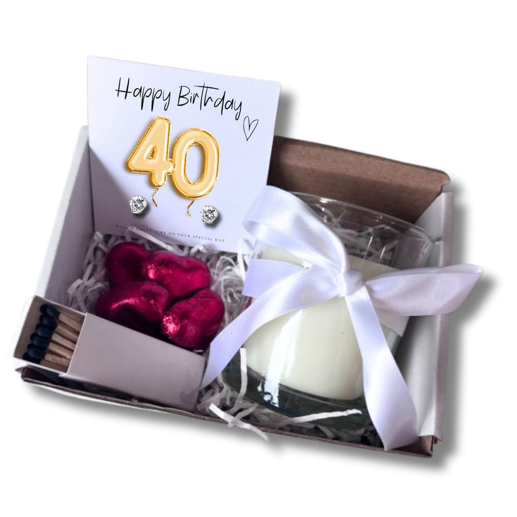 Small 40th Birthday Gold Balloon Gift Hamper Candle Earrings Chocolates