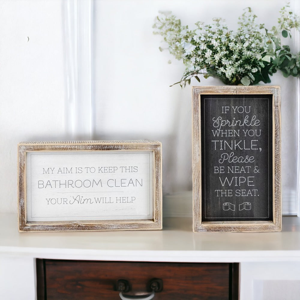 Funny Double Sided Wooden Bathroom Sign Aim Sprinkle Tinkle Freestanding Frame Wall Decor