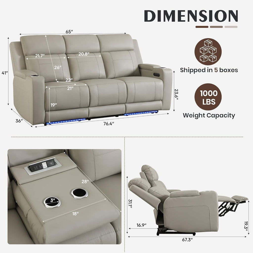 Grey Luxurious Leather Reclining Sofa With Headrest