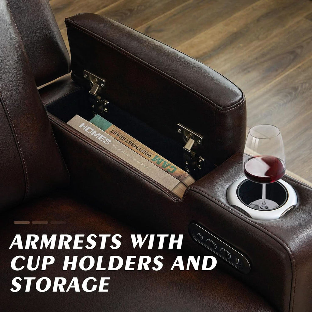 Brown Power Recliner Sofa Featuring Adjustable Headrest