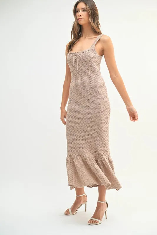 Ruffled Hem Sleeveless Crochet Knit Midi Dress For Women – Crochet Knit Dress, Ruffled Hem Dress, Sleeveless Midi Dress, Summer Dress, Elegant Knit Dress