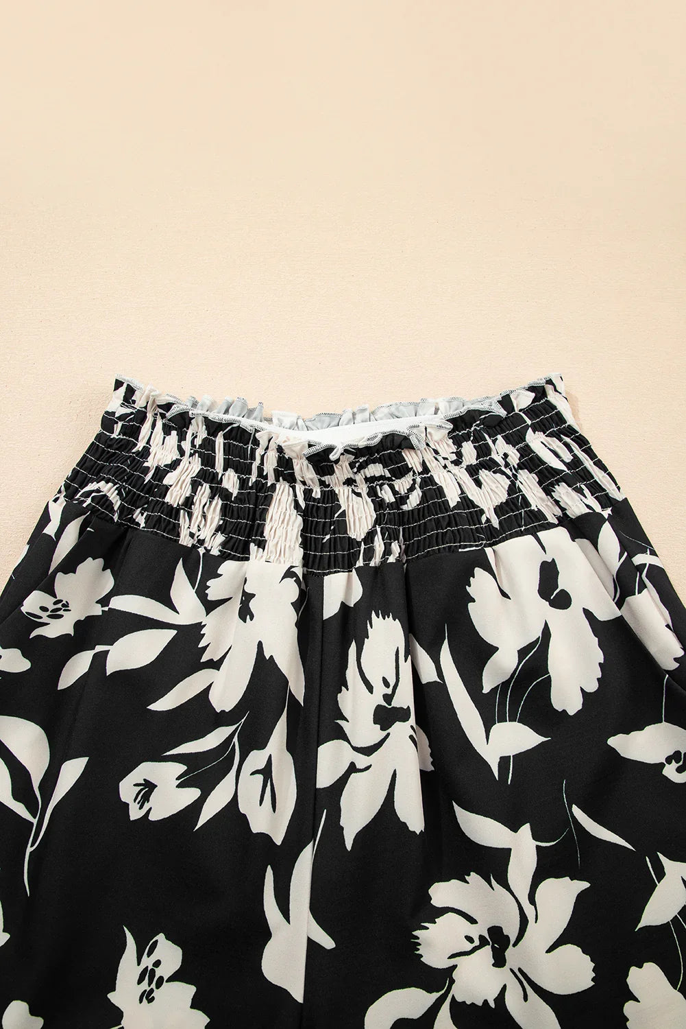 Blue Floral Smocked Frill Waist Wide Leg Pants