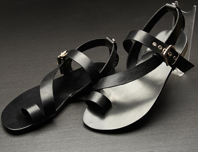 Men's Hollow Leather Roman Sandals, Thong Design