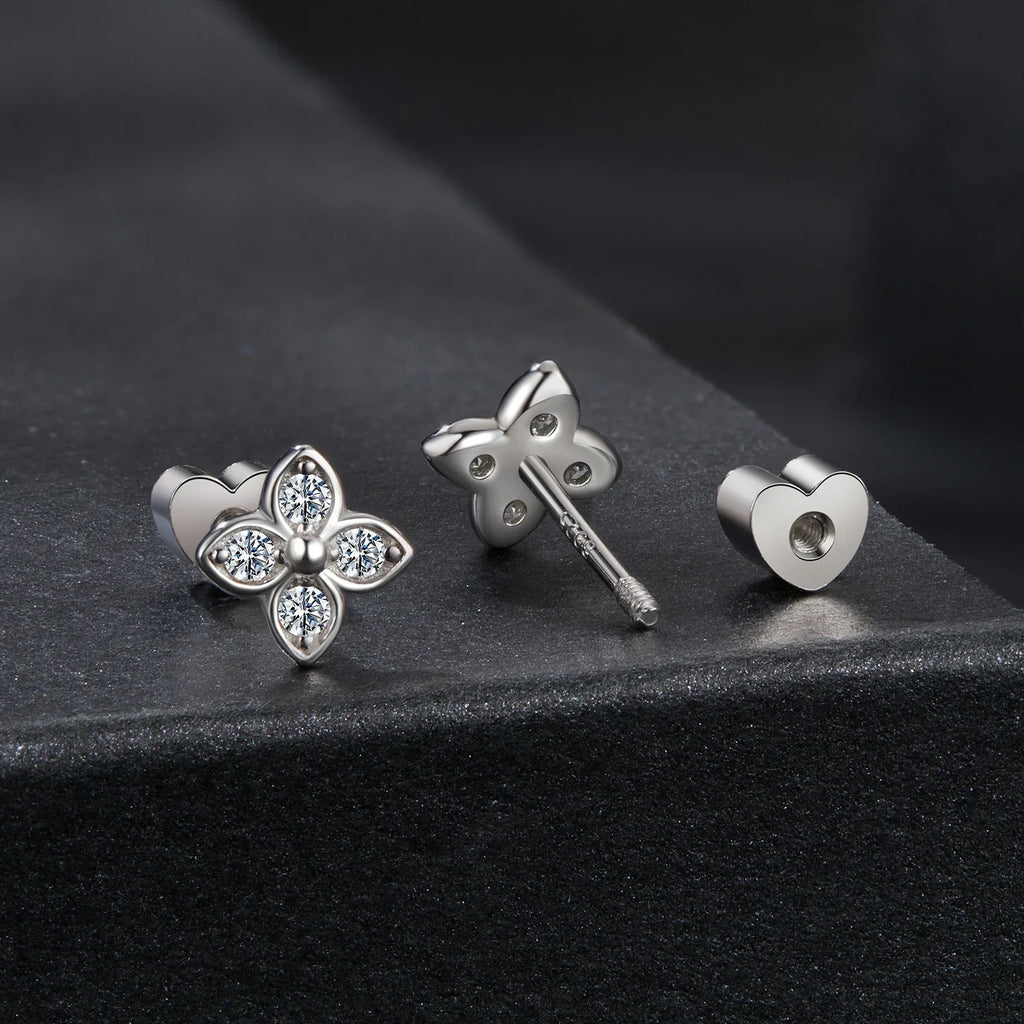 925 Sterling Silver 4-Leaf Clover Moissanite Earrings Hypoallergenic Screwback
