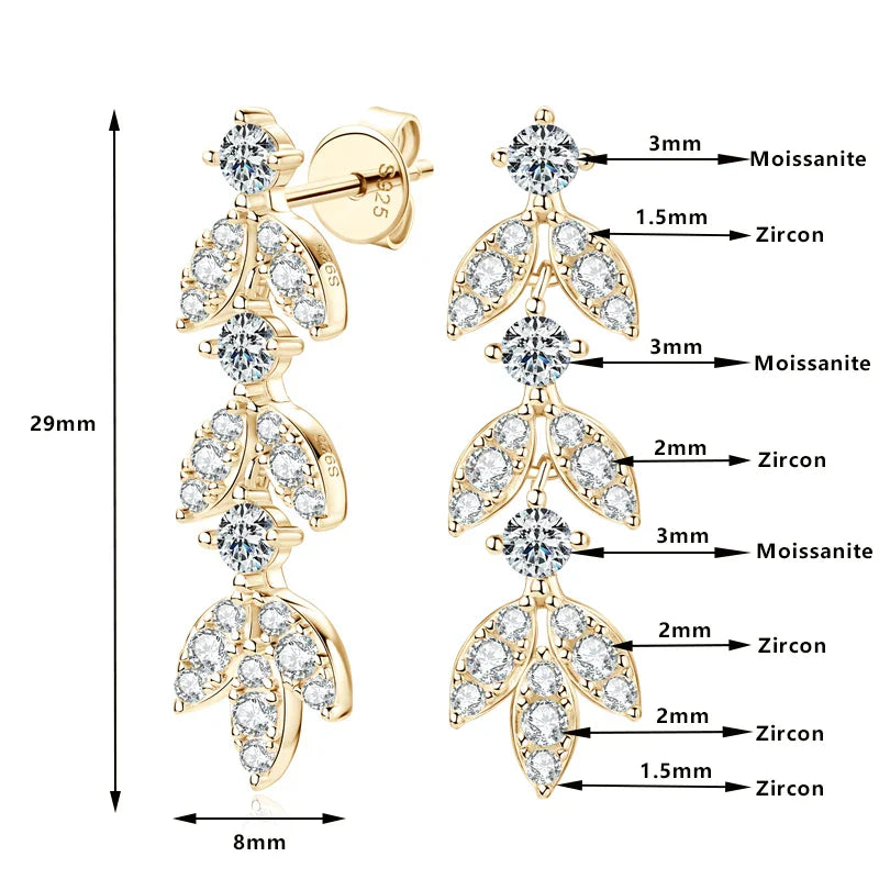 925 Sterling Silver Moissanite Leaf Drop Earrings For Women Anti-Allergy Gift