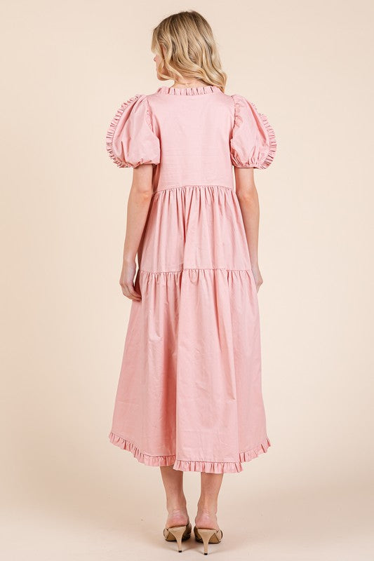 Ruffle Trim Puff Sleeve Tiered Babydoll Midi Dress – Fluttering, Sweet, Elegant, Feminine, and Trendy Babydoll Midi Dress with Ruffle Trim and Puff Sleeves
