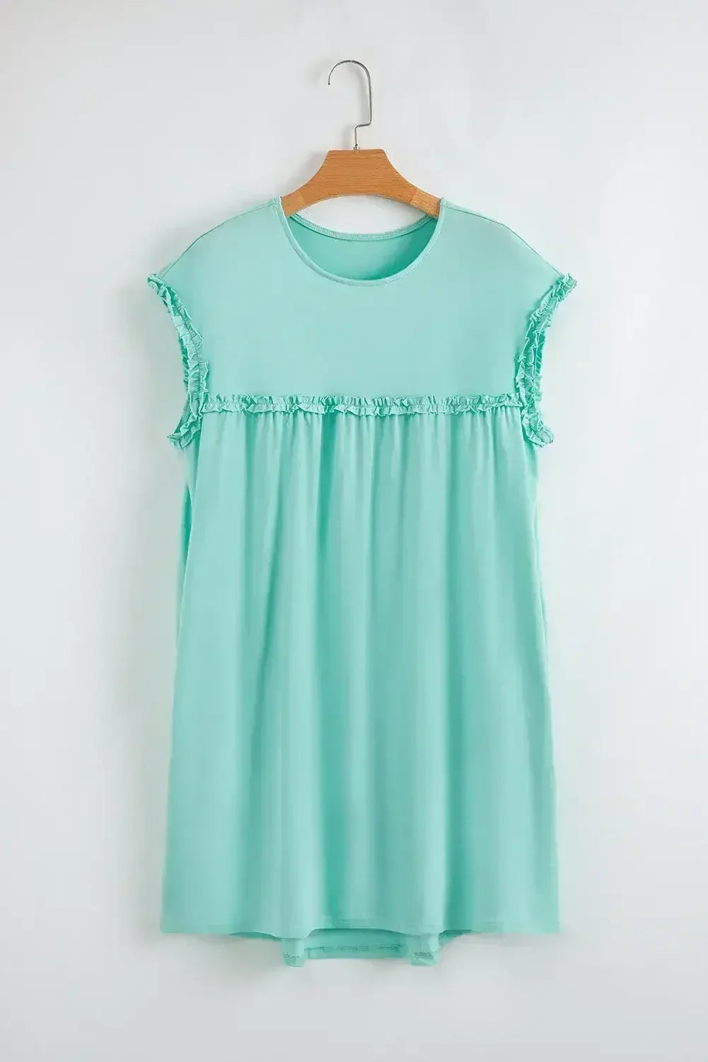 Oatmeal Frilled Trim Crewneck Loose Fit Mini Dress