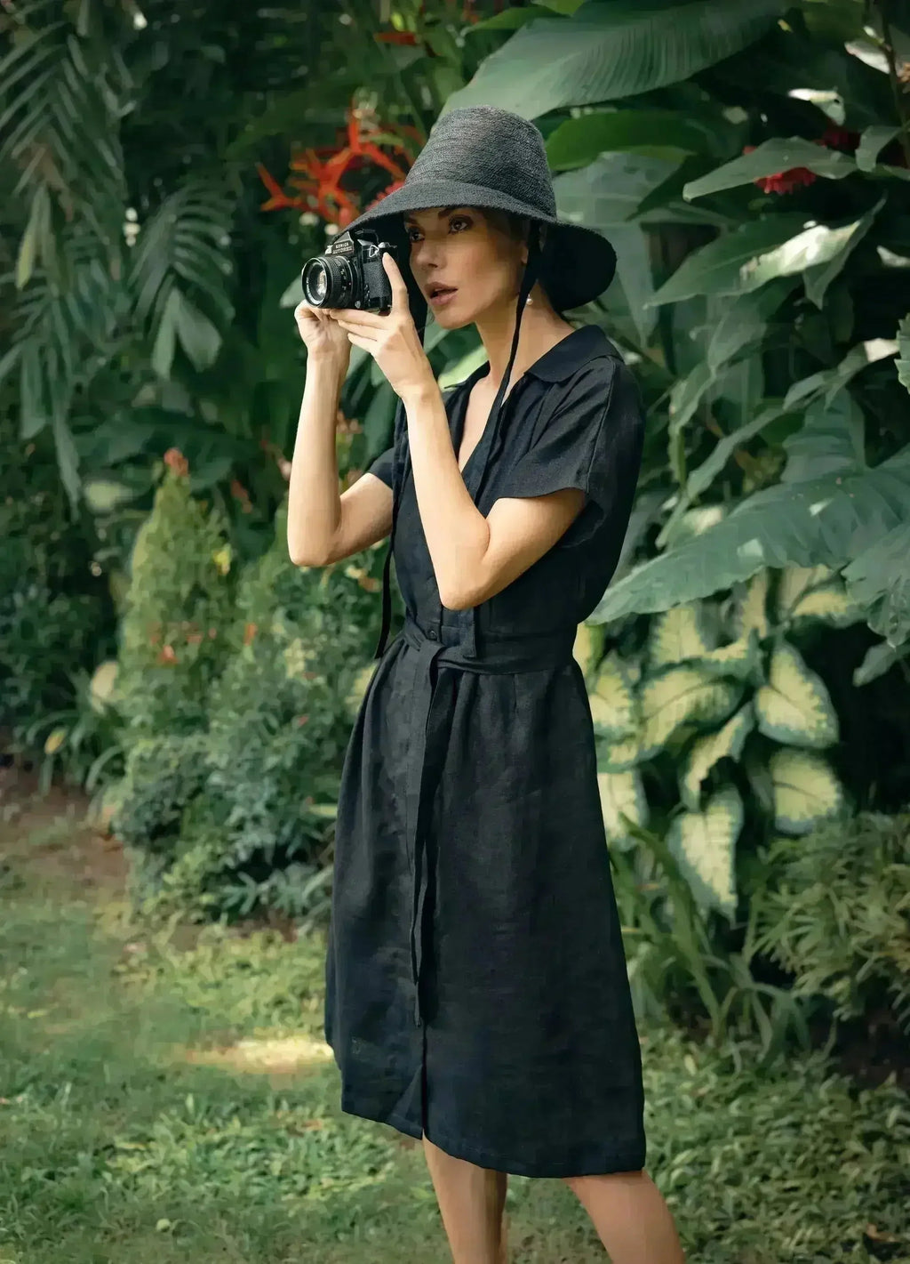 ARYA Safari Linen Midi Dress, in Black