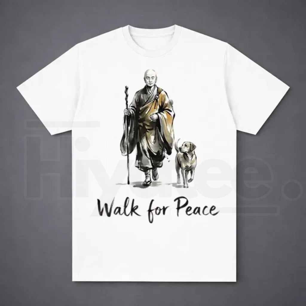 Aesthetic "Walk For Peace" Zen T-Shirt – Minimalist Monk & Dog Graphic Tee
