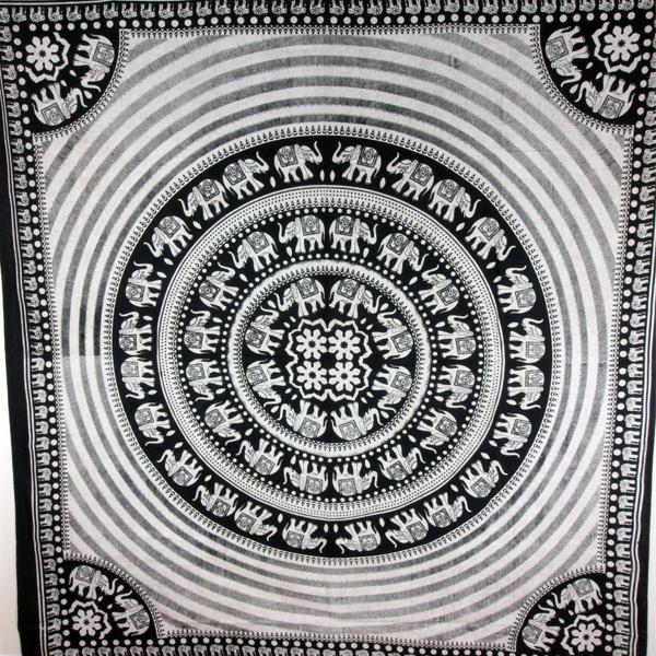 Black White Elephant Mandala Tapestry With Floral Center