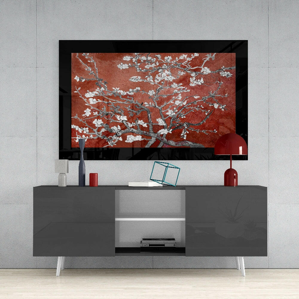 Maroon Almond Flowers Glass Wall Art