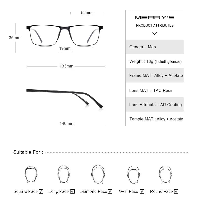 MERRYS DESIGN Men’s Titanium Glasses – Ultralight Square Prescription Frame