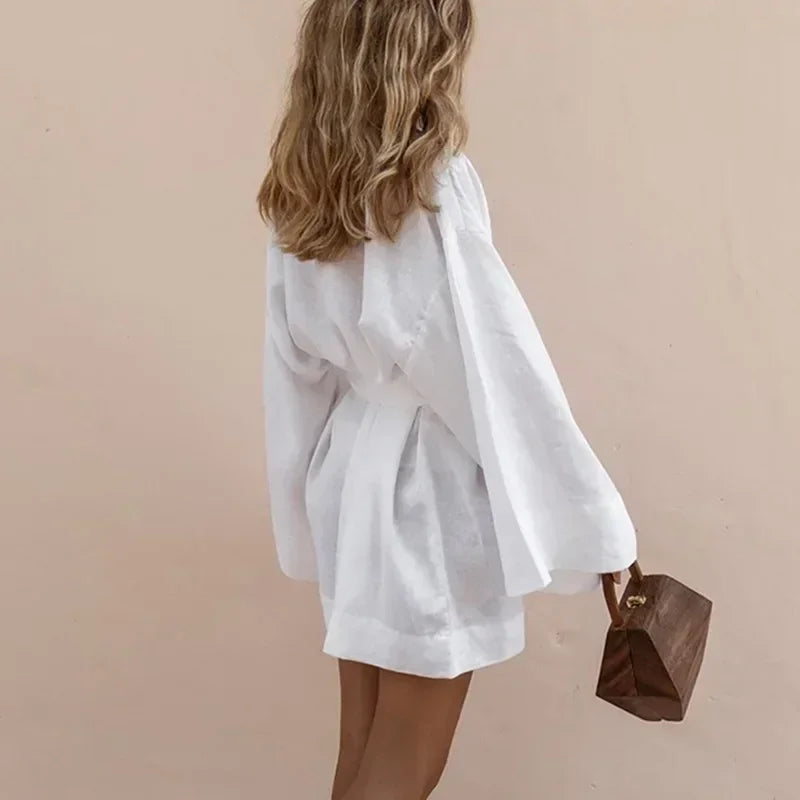 Women's V-Neck Kimono Cardigan Mini Dress Cotton Linen Long Sleeve Sashes Dresses Robe Style Lace Up Summer Loose Vestidos