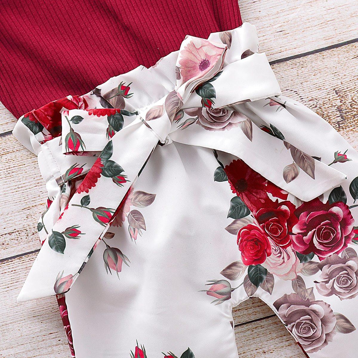 Newborn Baby Girl Clothes Knitting Cotton Long Sleeve  Tops Flower Print Long Pants Headband