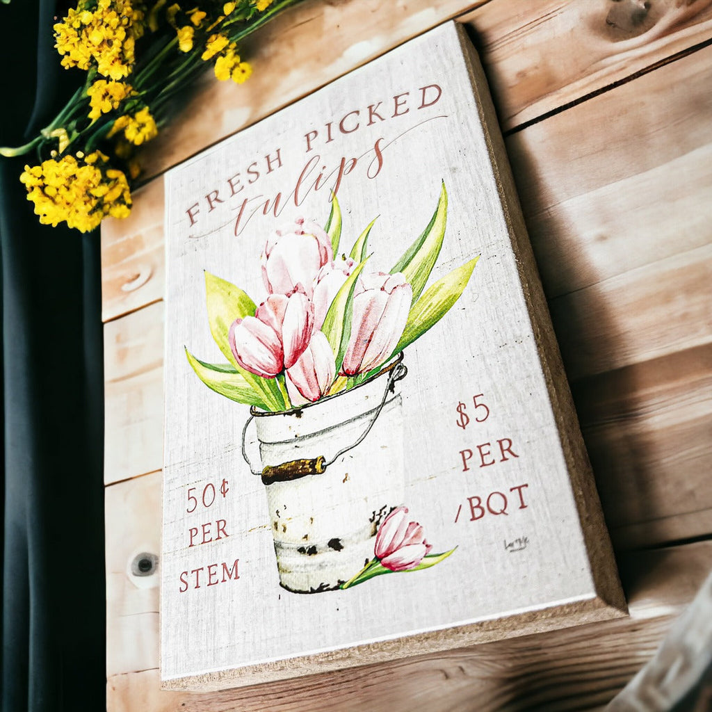 Fresh Tulips Wooden Block Sign Spring Summer Farmhouse Floral Home Decor Rustic Shelf Sitter
