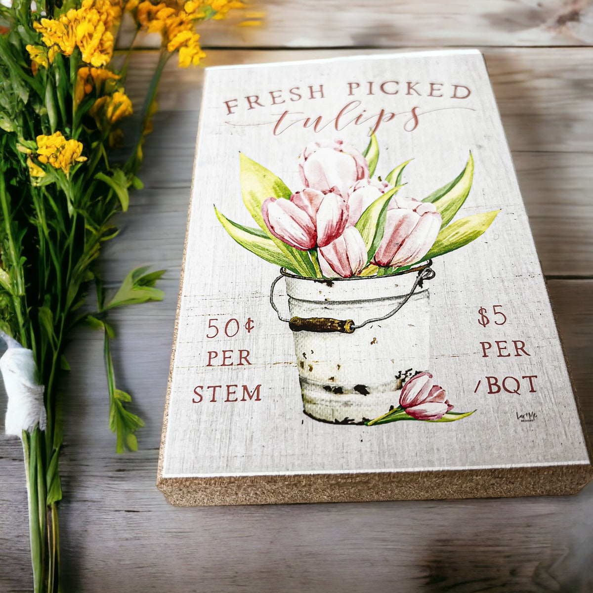 Fresh Tulips Wooden Block Sign Spring Summer Farmhouse Floral Home Decor Rustic Shelf Sitter