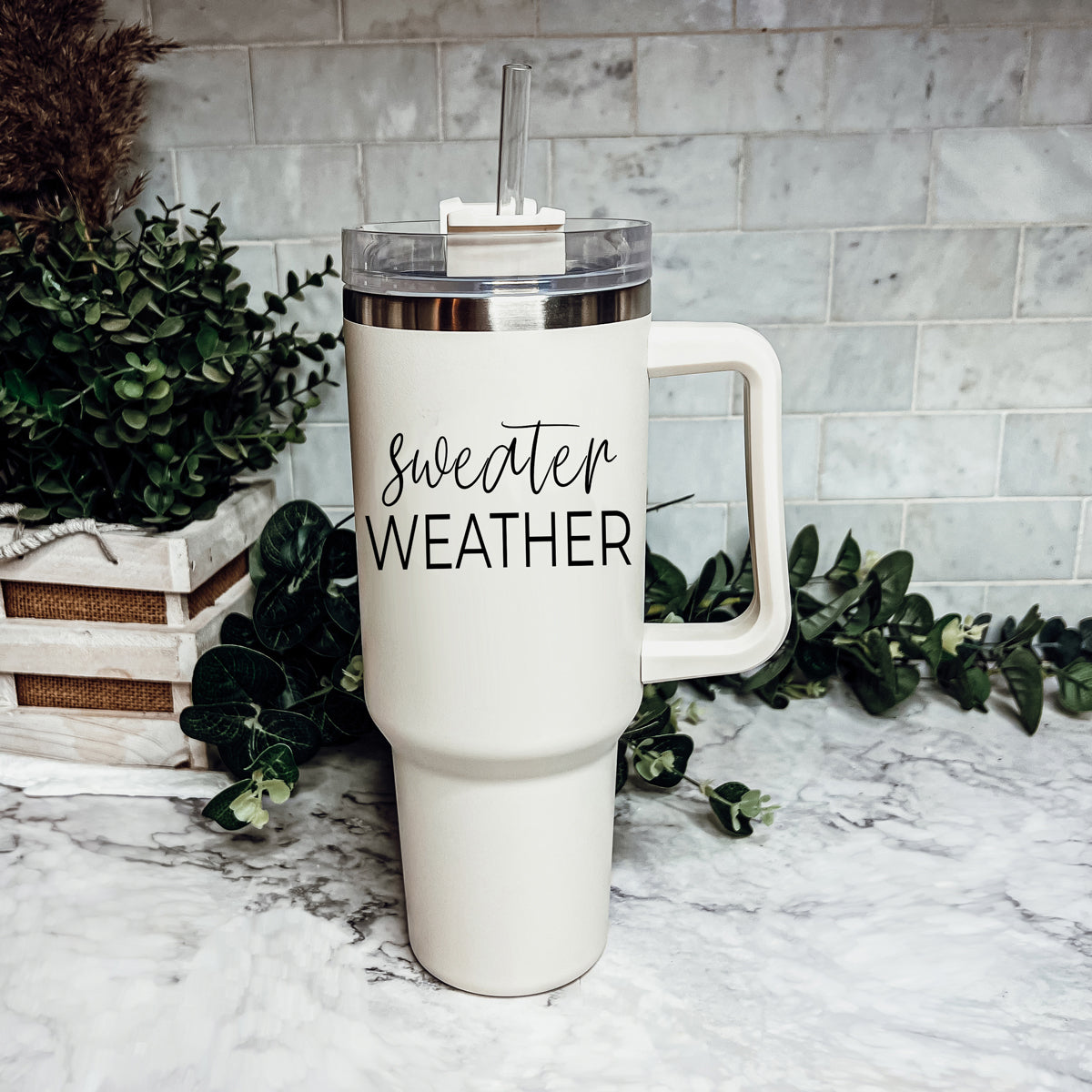 Insulated 40oz Travel Mug With Handle, Lid & Straw - Sweater Weather Fall Mug