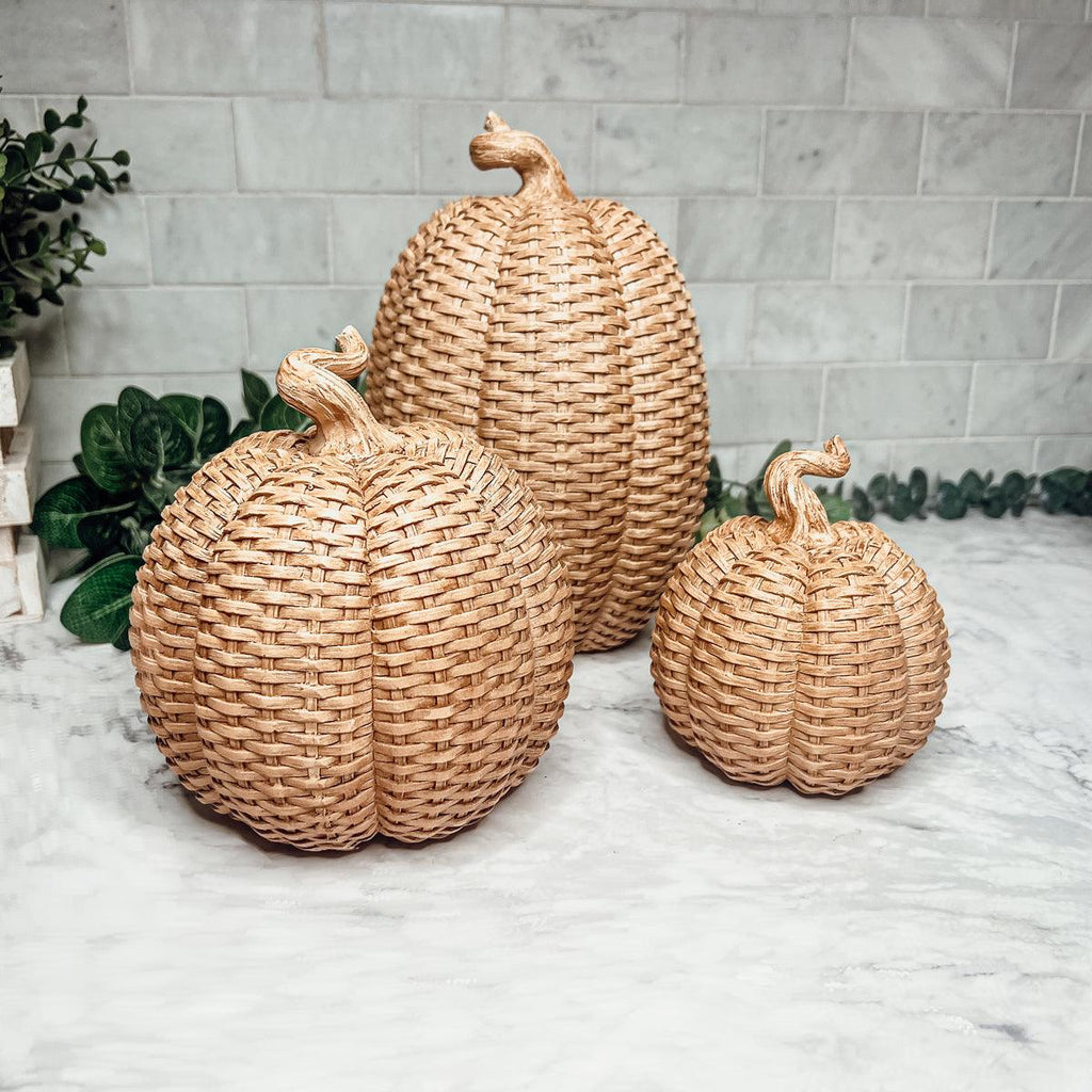 Rattan Resin Pumpkins Fall Decor - Set Or Single, 3 Sizes, Honey Cognac