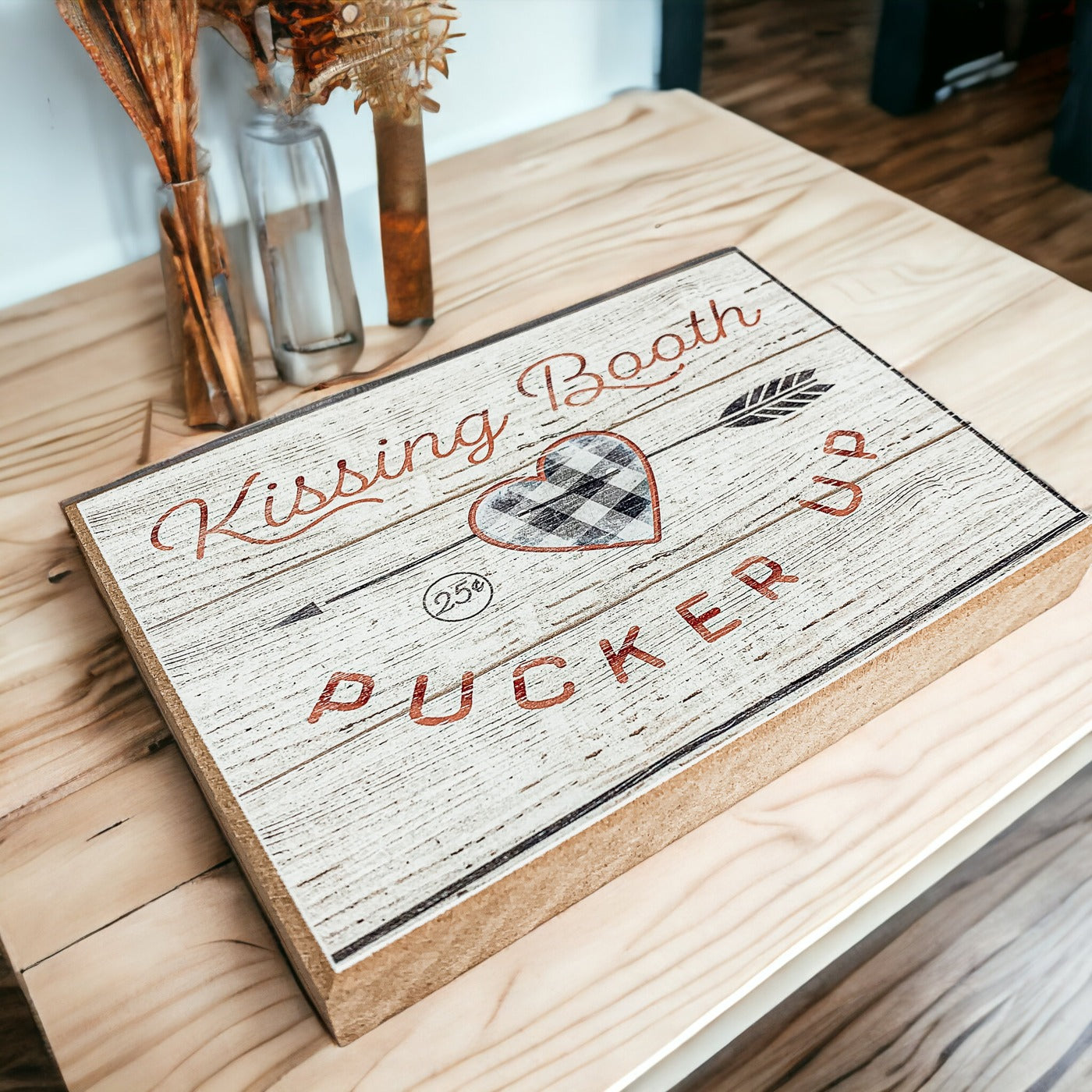 Kissing Booth Handmade Thick Wood Sign 6x4x1 Inch Valentine Tiered Tray Mantel Shelf Decor