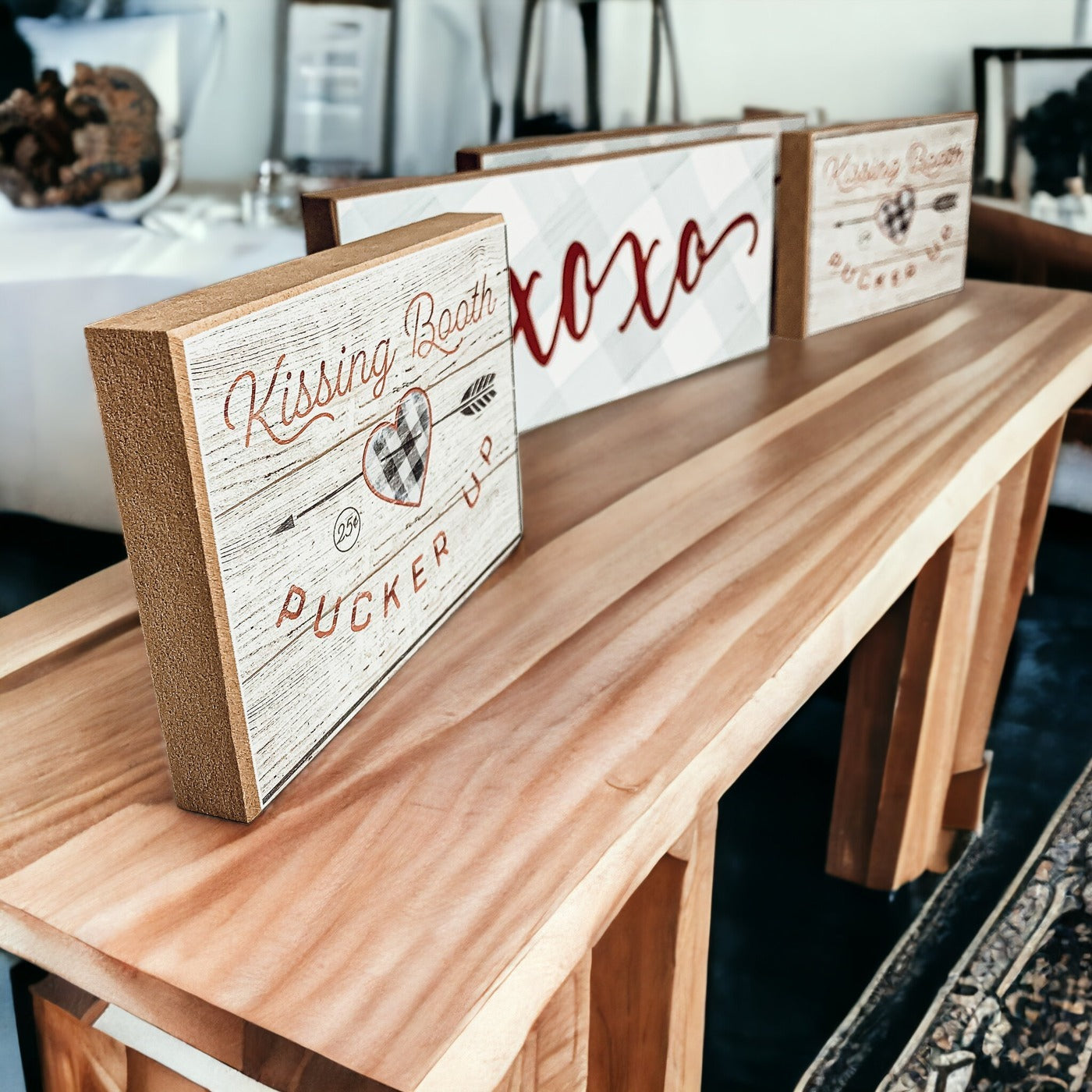 Handmade Thick Wood XOXO Sign Tabletop Shelf Mantel Valentines Decor Red Accent Rustic Home