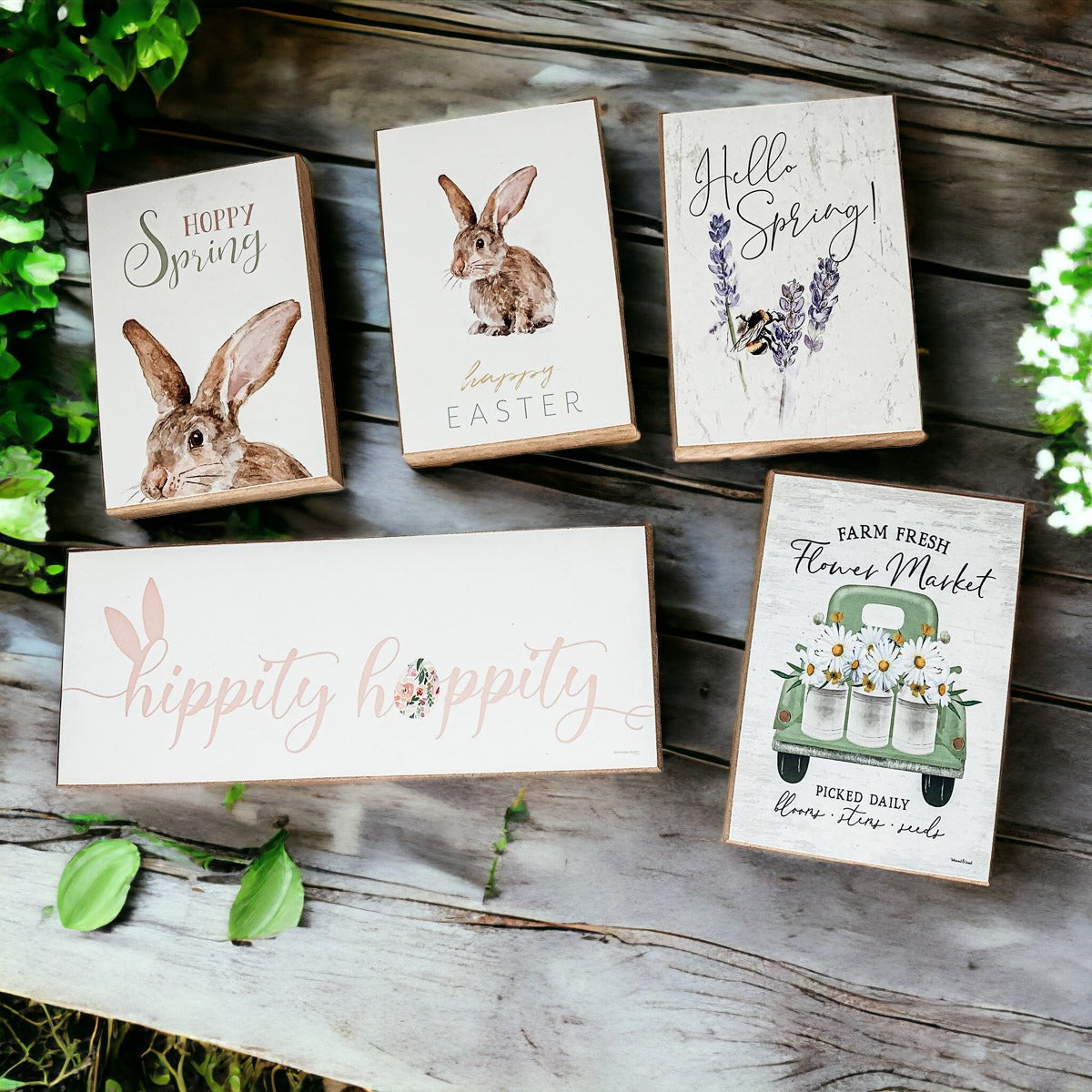 Hello Spring Wooden Block Sign Rustic Farmhouse Shelf Tabletop Decor