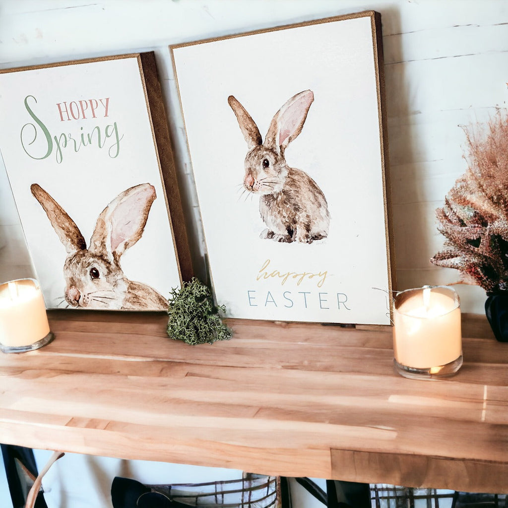 Hippity Hoppity Bunny Easter Home Decor Set Watercolor Bunny Sign Spring Mantel Rustic Farmhouse