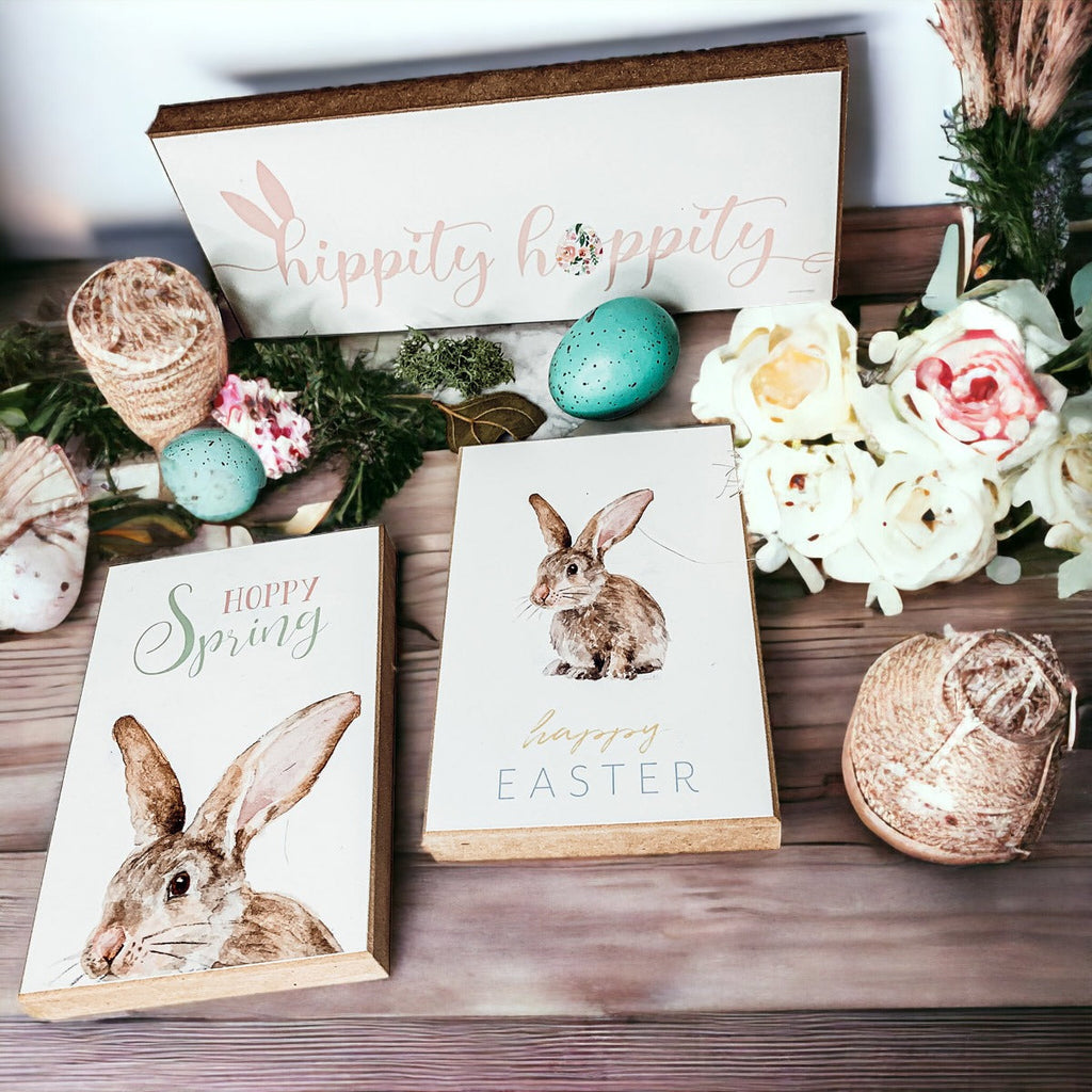 Hippity Hoppity Bunny Easter Home Decor Set Watercolor Bunny Sign Spring Mantel Rustic Farmhouse