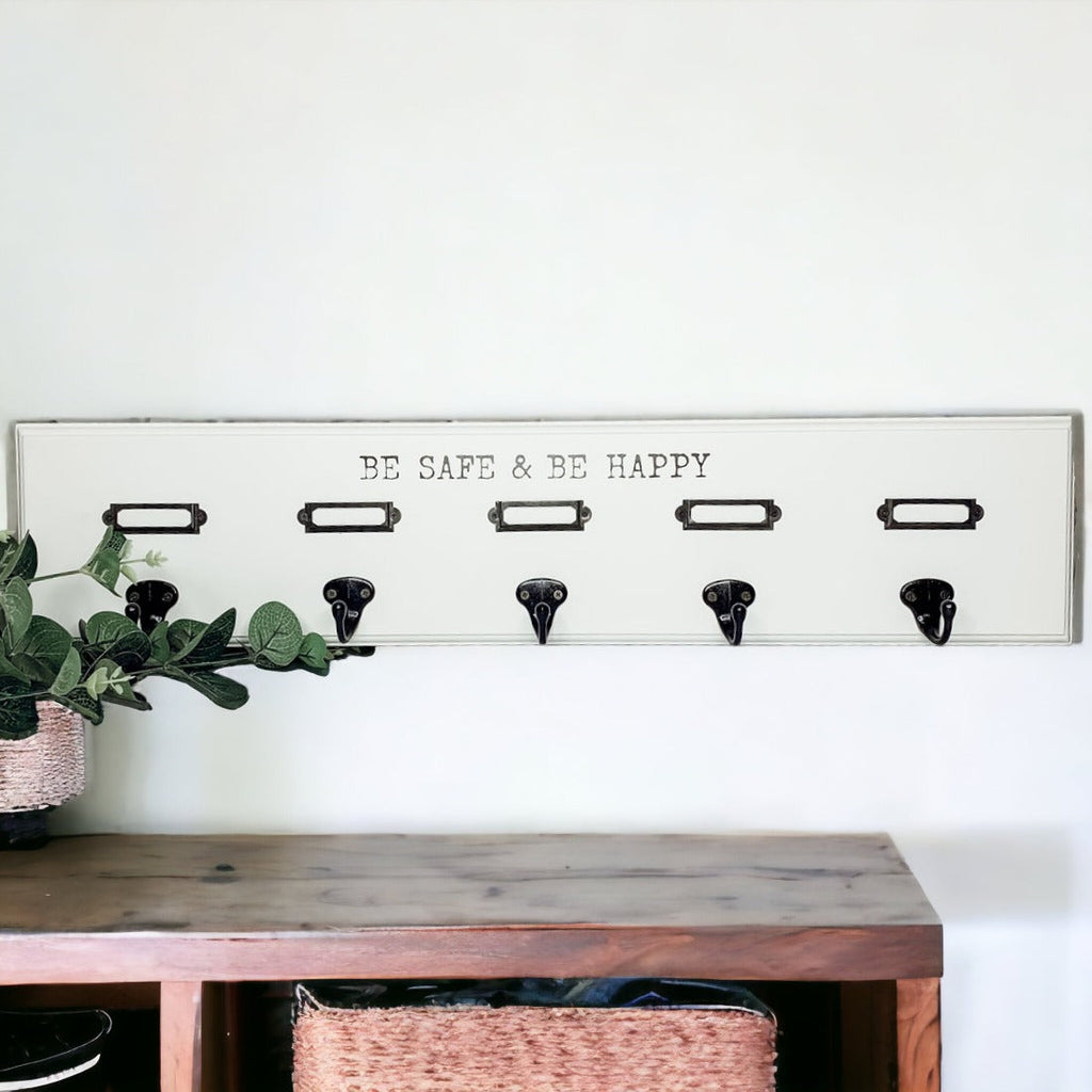 Wood Wall Mask And Hat Organizer With 6 Hooks For Coats Keys Scarves