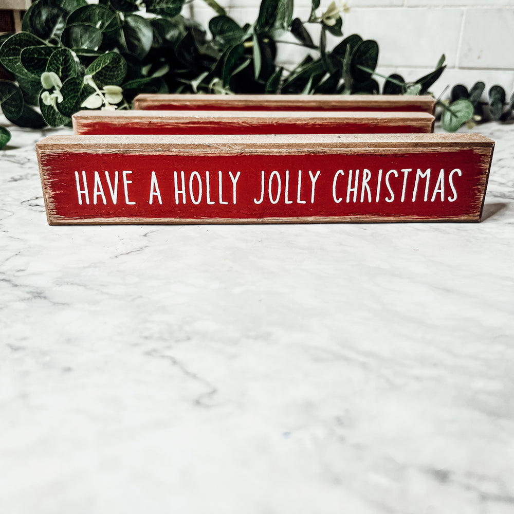 Holly Jolly Christmas Wooden Shelf Sitter Sign Holiday Mantel Shelf Decor Rustic Farmhouse