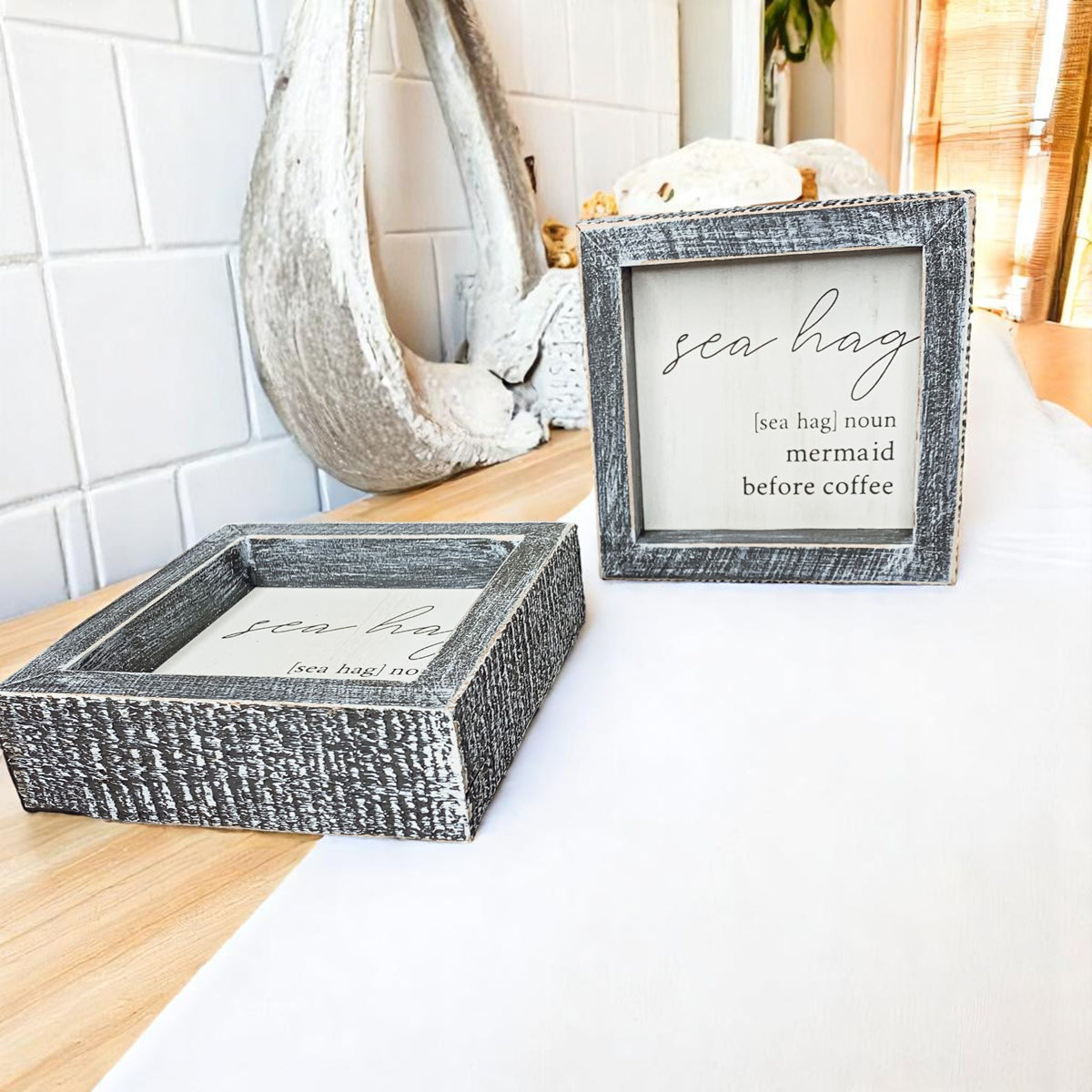 Sea Hag Wooden Sign 5x5 Distressed Gray Frame Funny Morning Mermaid Pre Coffee Decor Plaque