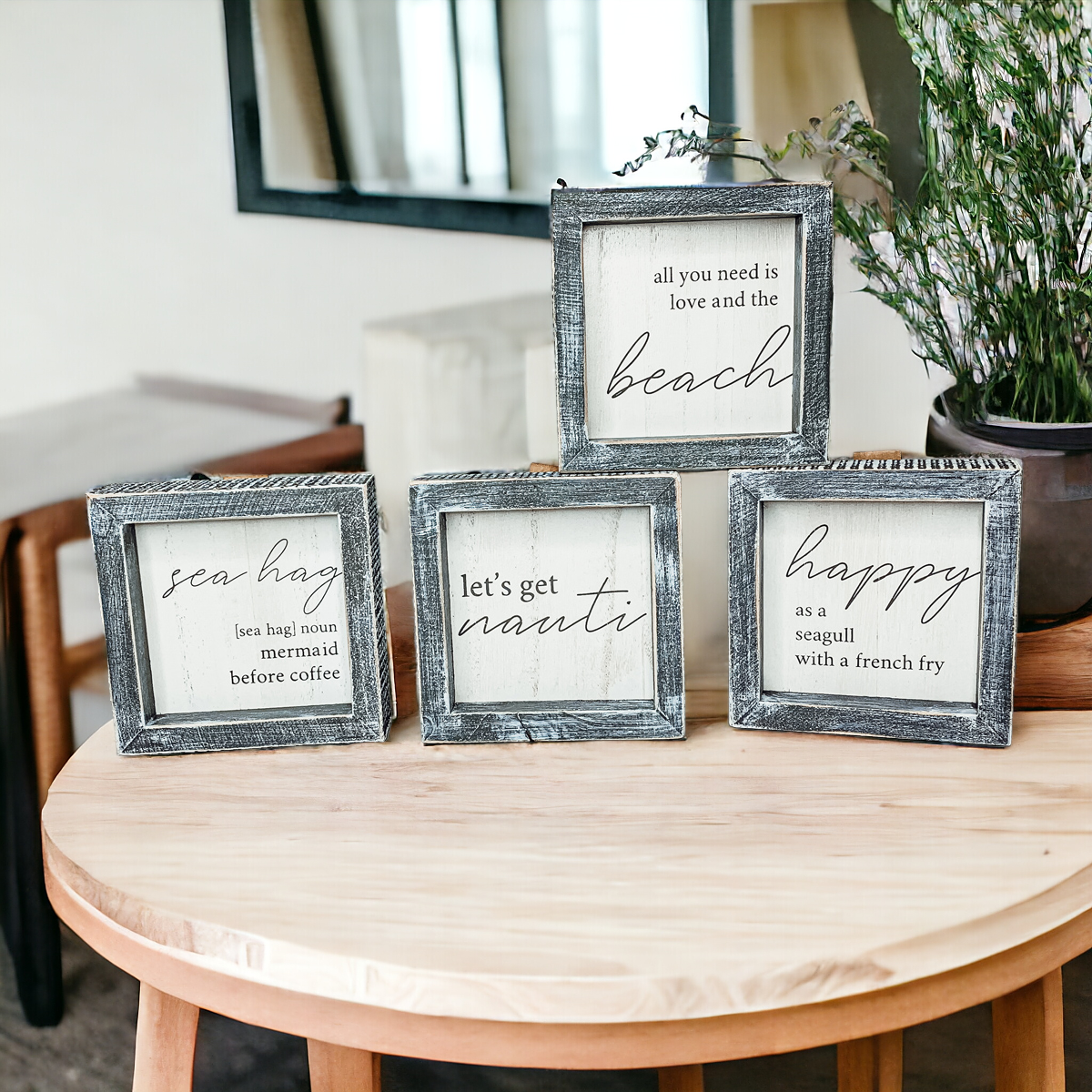 Sea Hag Wooden Sign 5x5 Distressed Gray Frame Funny Morning Mermaid Pre Coffee Decor Plaque