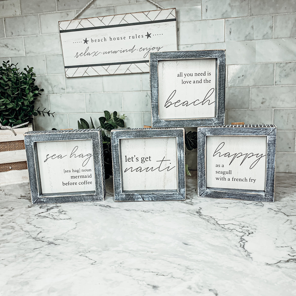 Happy As A Seagull Wooden Sign 5x5 Distressed Gray Frame Beach Decor Funny Coastal Gift
