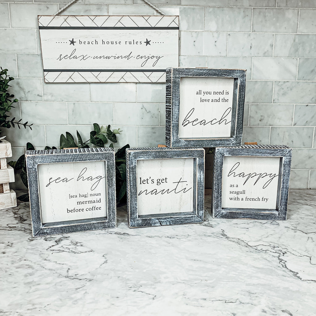 Happy As A Seagull Wooden Sign 5x5 Distressed Gray Frame Beach Decor Funny Coastal Gift