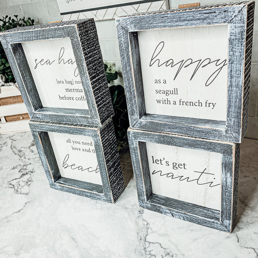 Happy As A Seagull Wooden Sign 5x5 Distressed Gray Frame Beach Decor Funny Coastal Gift