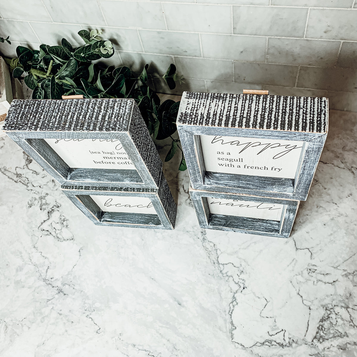 Happy As A Seagull Wooden Sign 5x5 Distressed Gray Frame Beach Decor Funny Coastal Gift