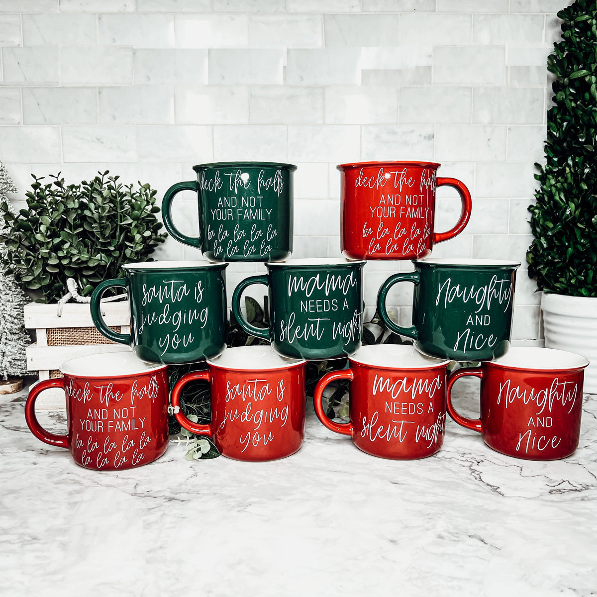 Naughty And Nice Coffee Mug Ceramic Campfire Style 14.5oz Red Or Green Double Side Design