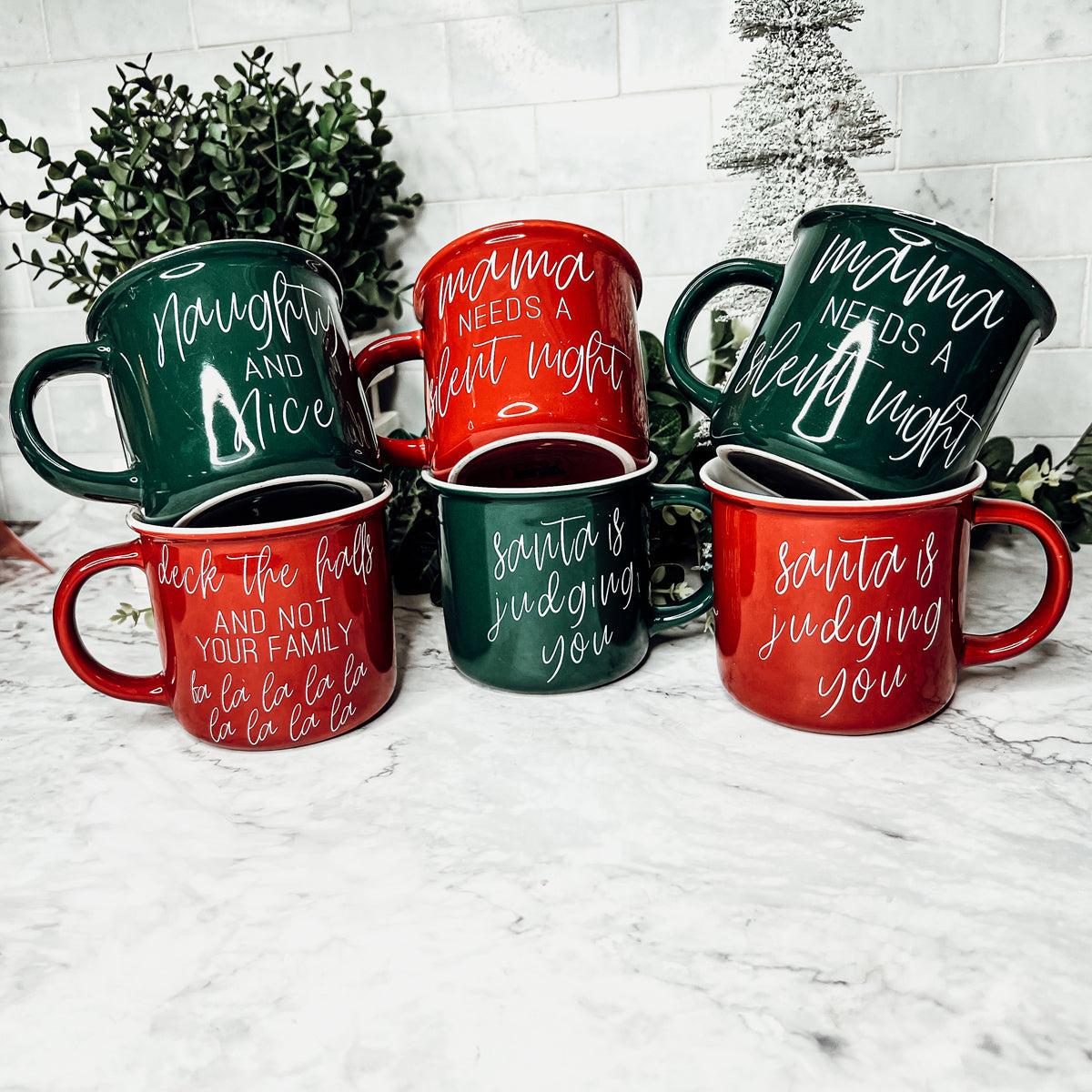 Naughty And Nice Coffee Mug Ceramic Campfire Style 14.5oz Red Or Green Double Side Design