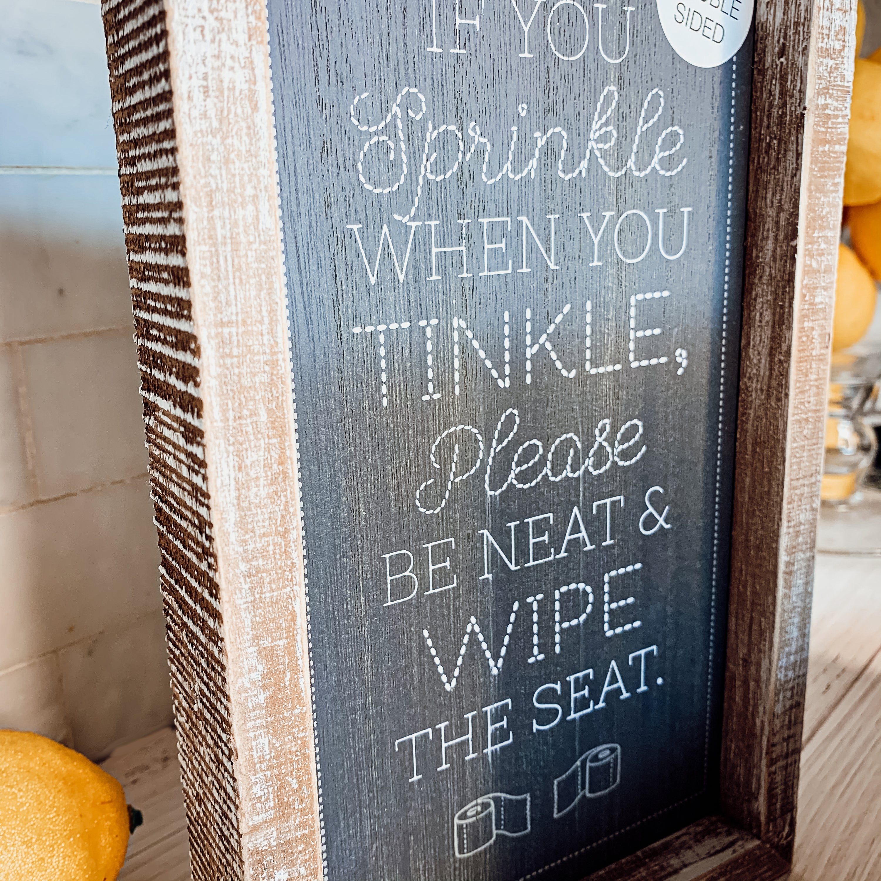 Funny Double Sided Wooden Bathroom Sign Aim Sprinkle Tinkle Freestanding Frame Wall Decor
