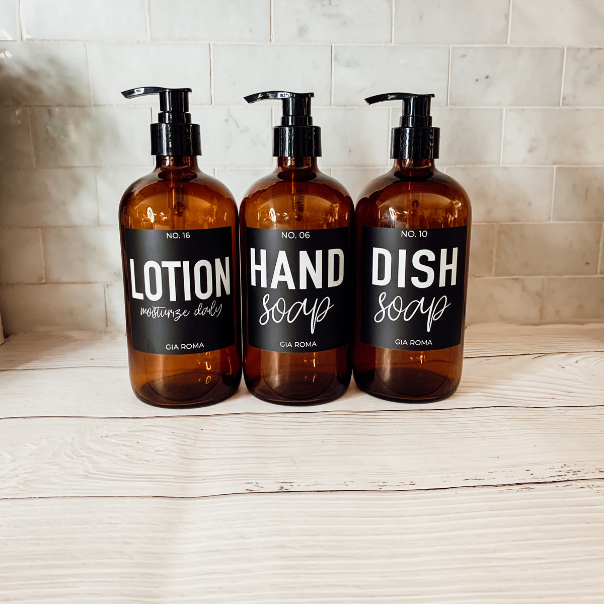 16oz Amber Glass Boston Round Soap Refill Bottle Black Label Set