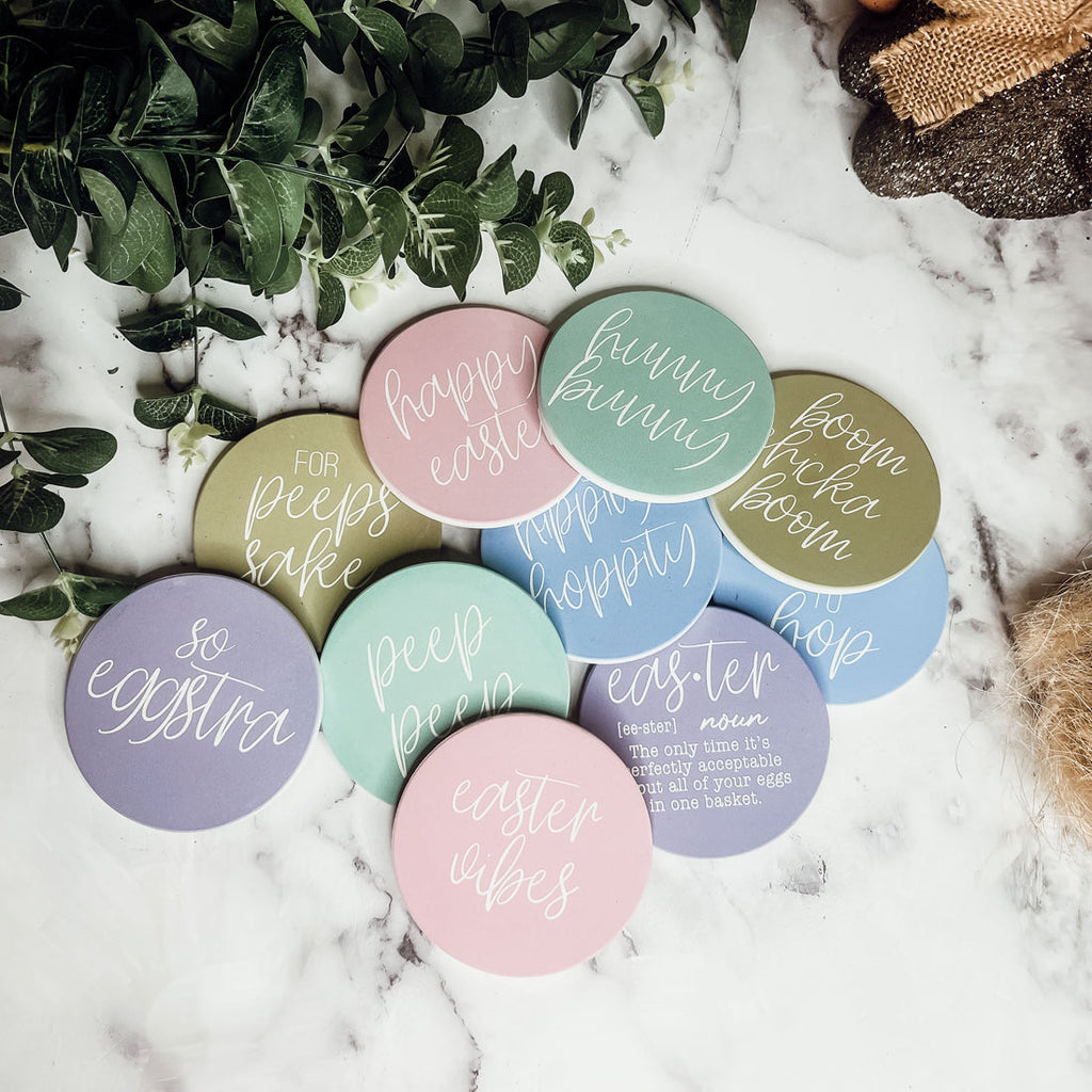 Easter Spring Ceramic Coasters 4in Set Cute Floral Bunny Drink Table Coasters